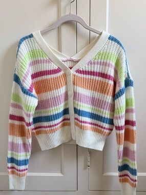 JESSICA SIMPSON Striped Multi-Color V-Neck Button Cardigan Sweater